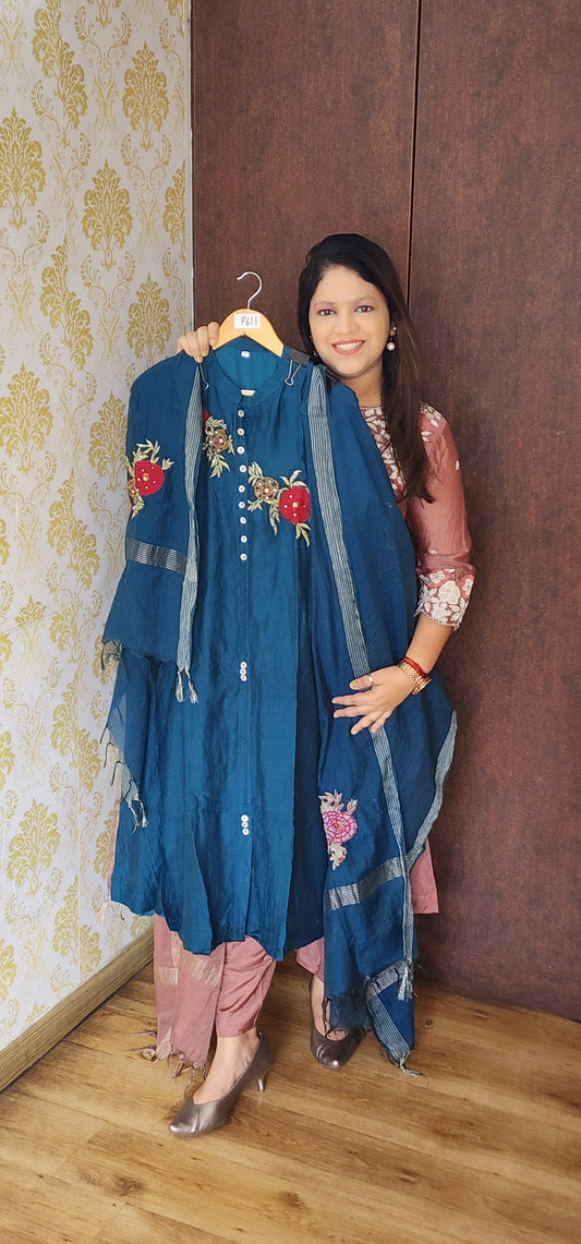 Peacock blue with applique work pure mul chanderi three piece set (P895)