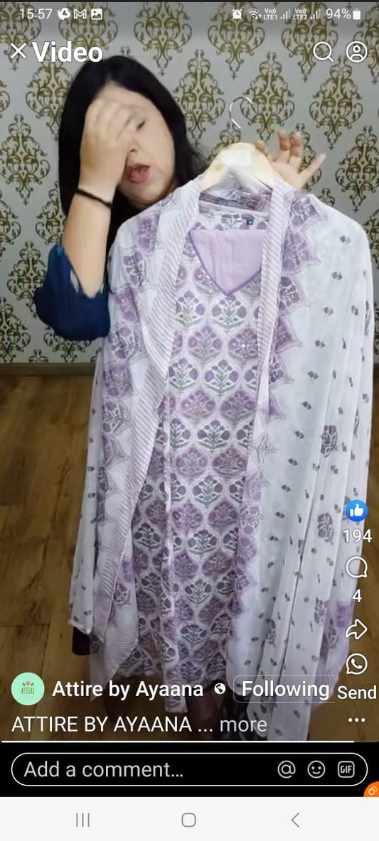 Lilac block print with kota dupatta three piece set (P2395)