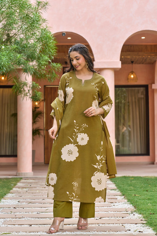 Green pure cotton digital print three piece set (A438)