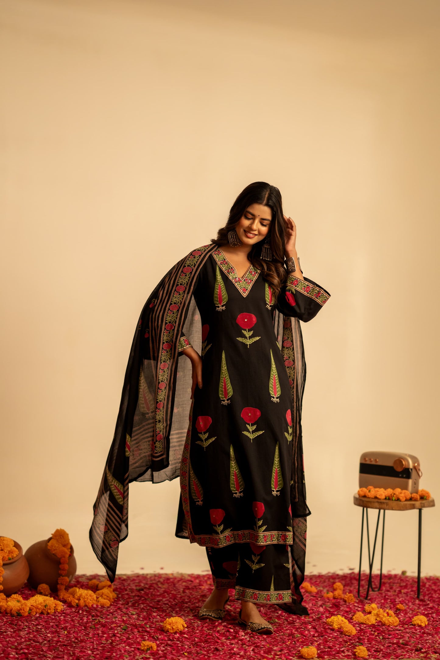 Black pure cotton original block print three piece set (A1037)