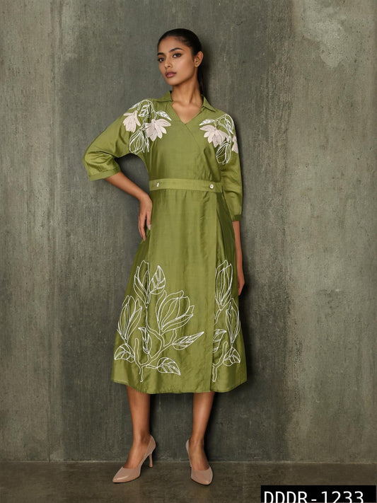 Pure Muslin with thread work smart one piece dress (A1689)