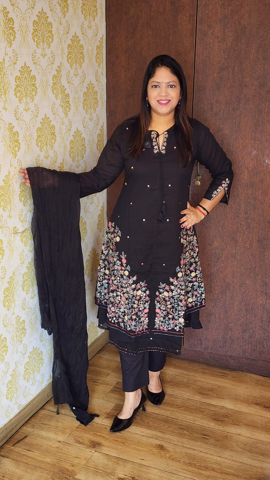 Black pure cotton with thread work three piece set (A1065)
