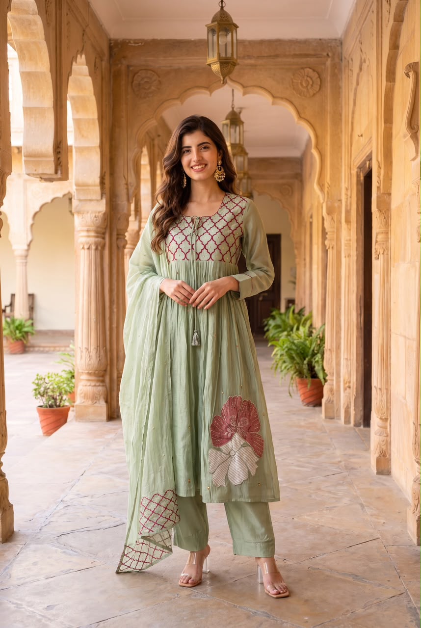 Pure mul chanderi with fully embroidered three piece set (C672)