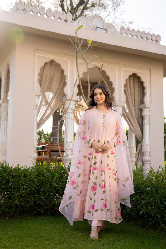 Pink pure mul chanderi flared anarkali with full brush paint three piece set (P2111)