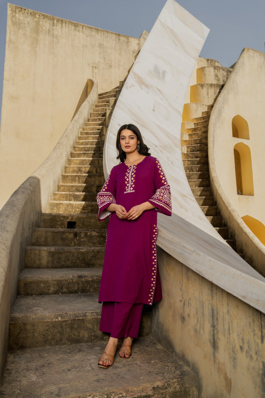 Purple handloom cotton with full thread work two piece cordset (P2122)