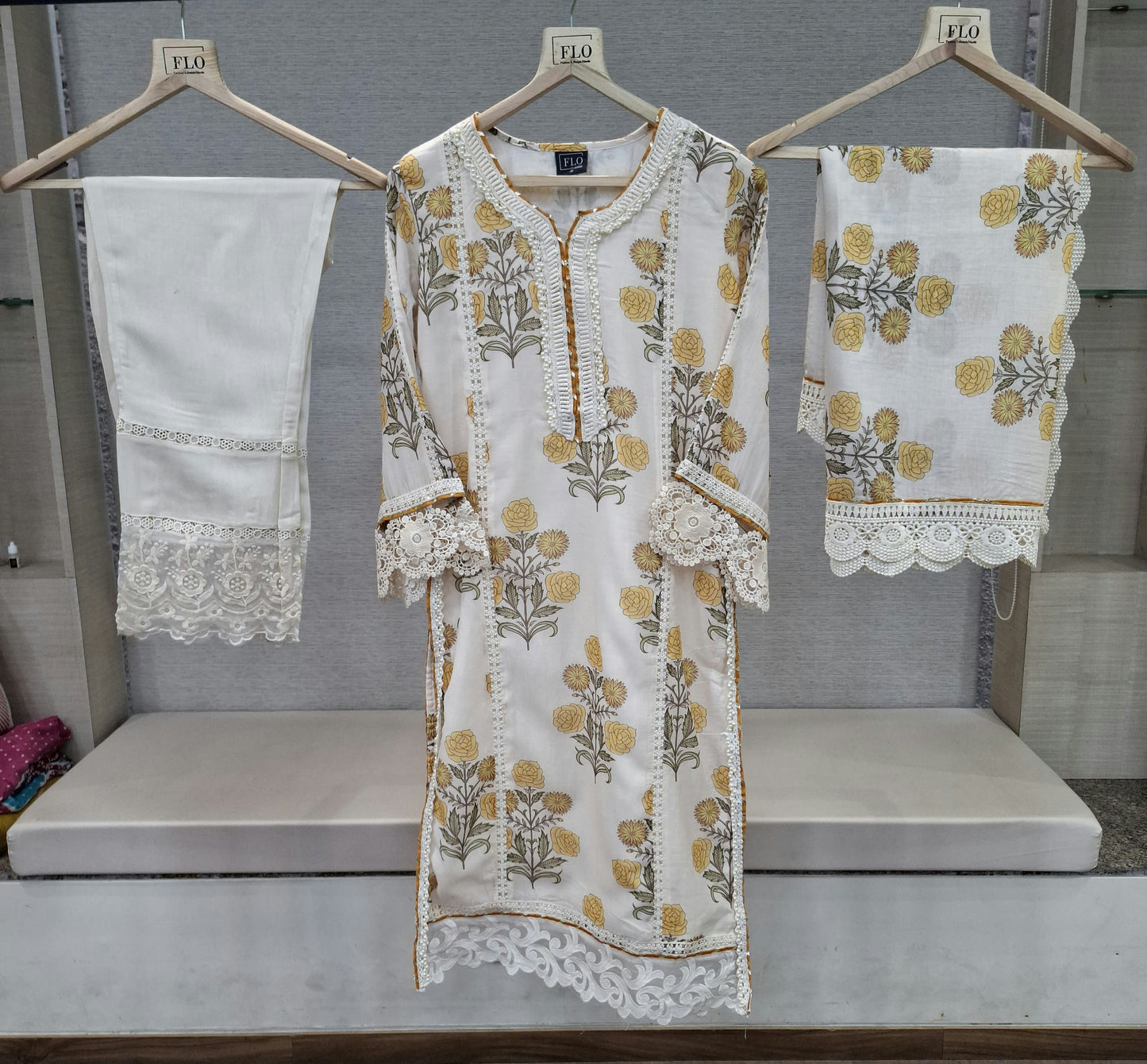 Pure mul chanderi with pearl work on neckline three piece set (C144)