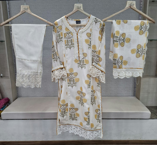 Pure mul chanderi with pearl work on neckline three piece set (C144)