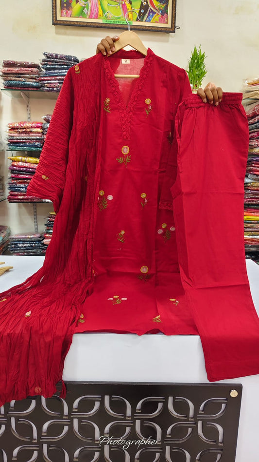 Red pure cotton fully embroidered three piece set (A1179)