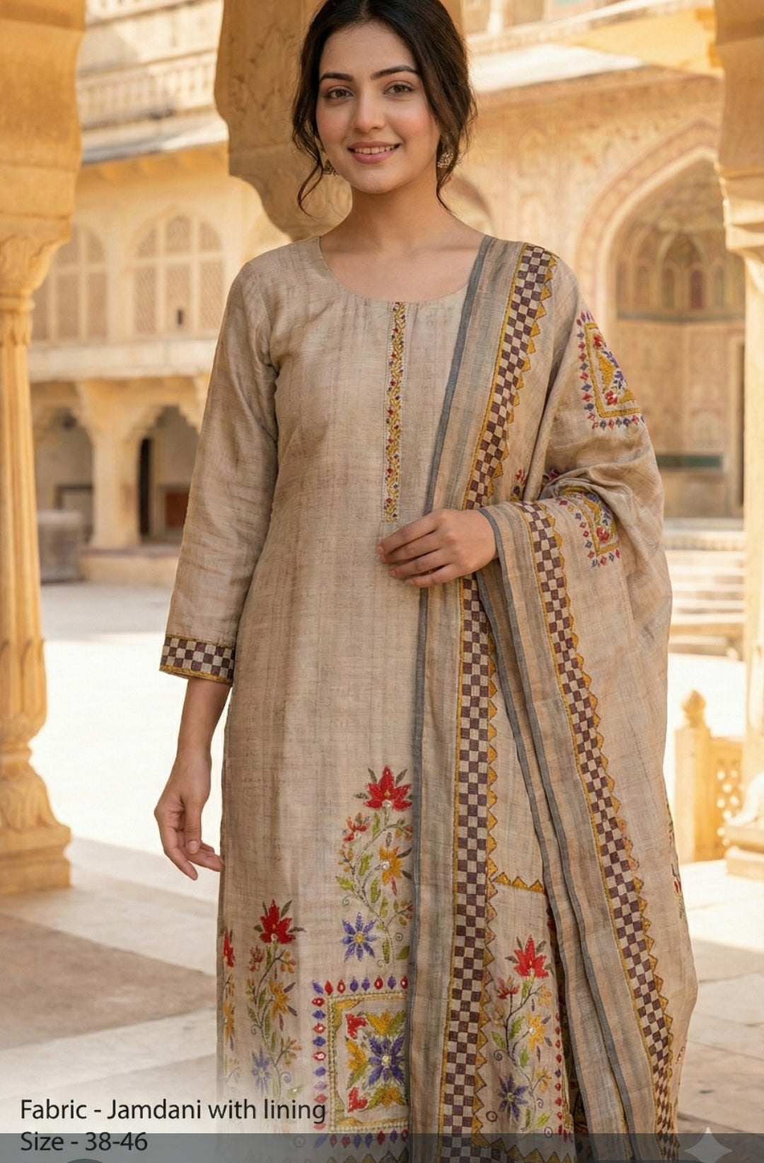 Jamdani with hand work mul cotton lining three piece set    (B185)