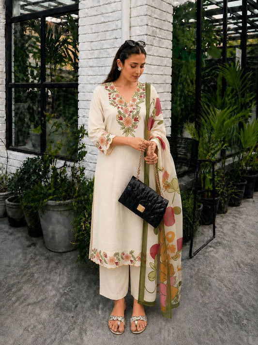 Handloom cotton with thread work three piece set (B753)
