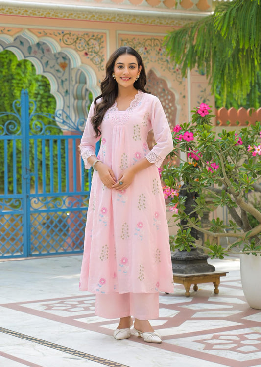 Mul cotton with embroidery A line two pockets smart two piece cordset (B876)