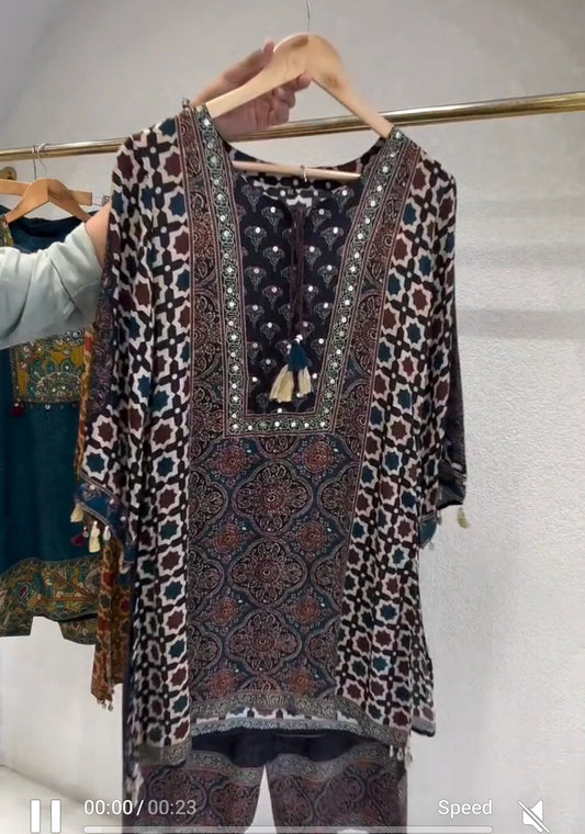 Pure crape Ajrakh print smart two piece cordset (B453)