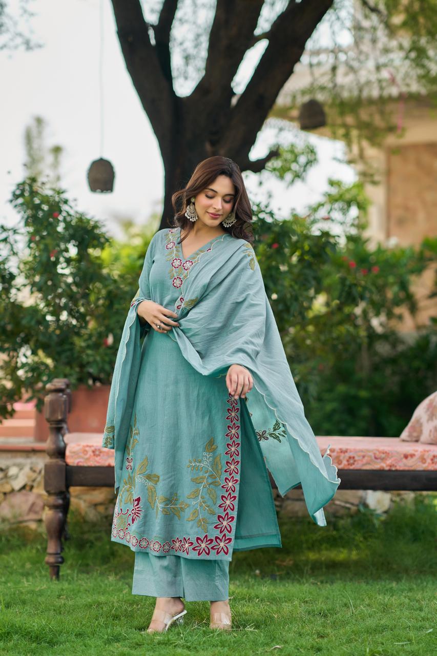 Silly cotton with lining full embroidered three piece set (S124)