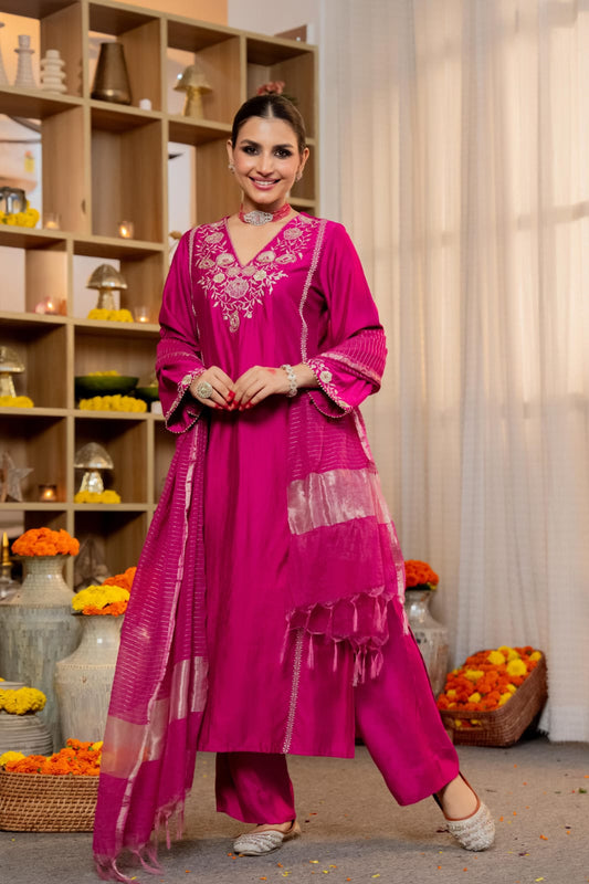 Megenta satoori silk with lining designer three piece set (A1036)
