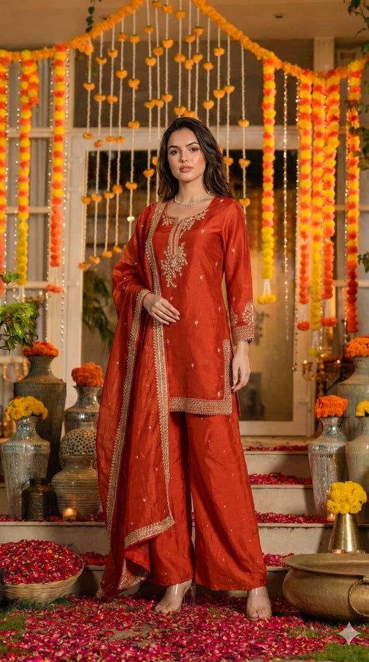 Orange pure silk with lining full jari work three piece set (A1391)