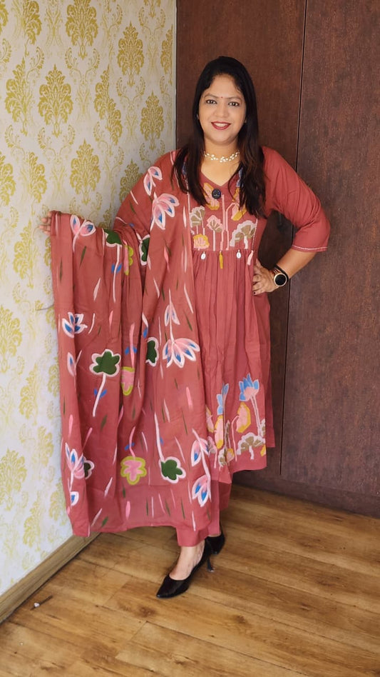 Onion pink embroidered three piece cotton set (A1066)