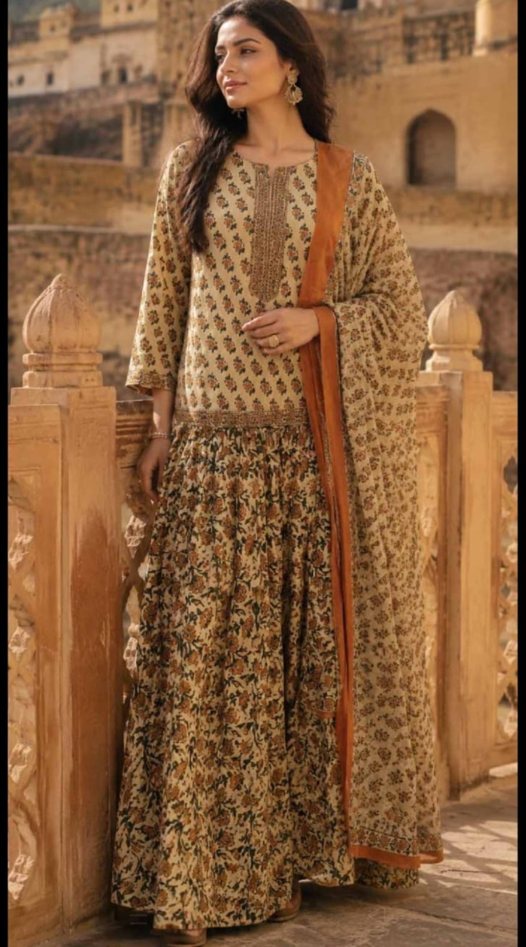 Pure cotton flared skirt bagru print three piece set (S256)