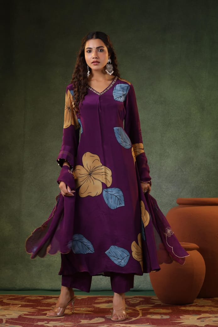 Purple pure crape with lining designer three piece set (P851)