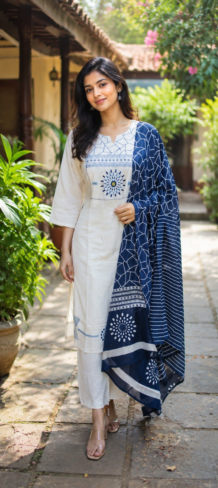 Pure cotton with indigo print dupatta three piece set (C296)