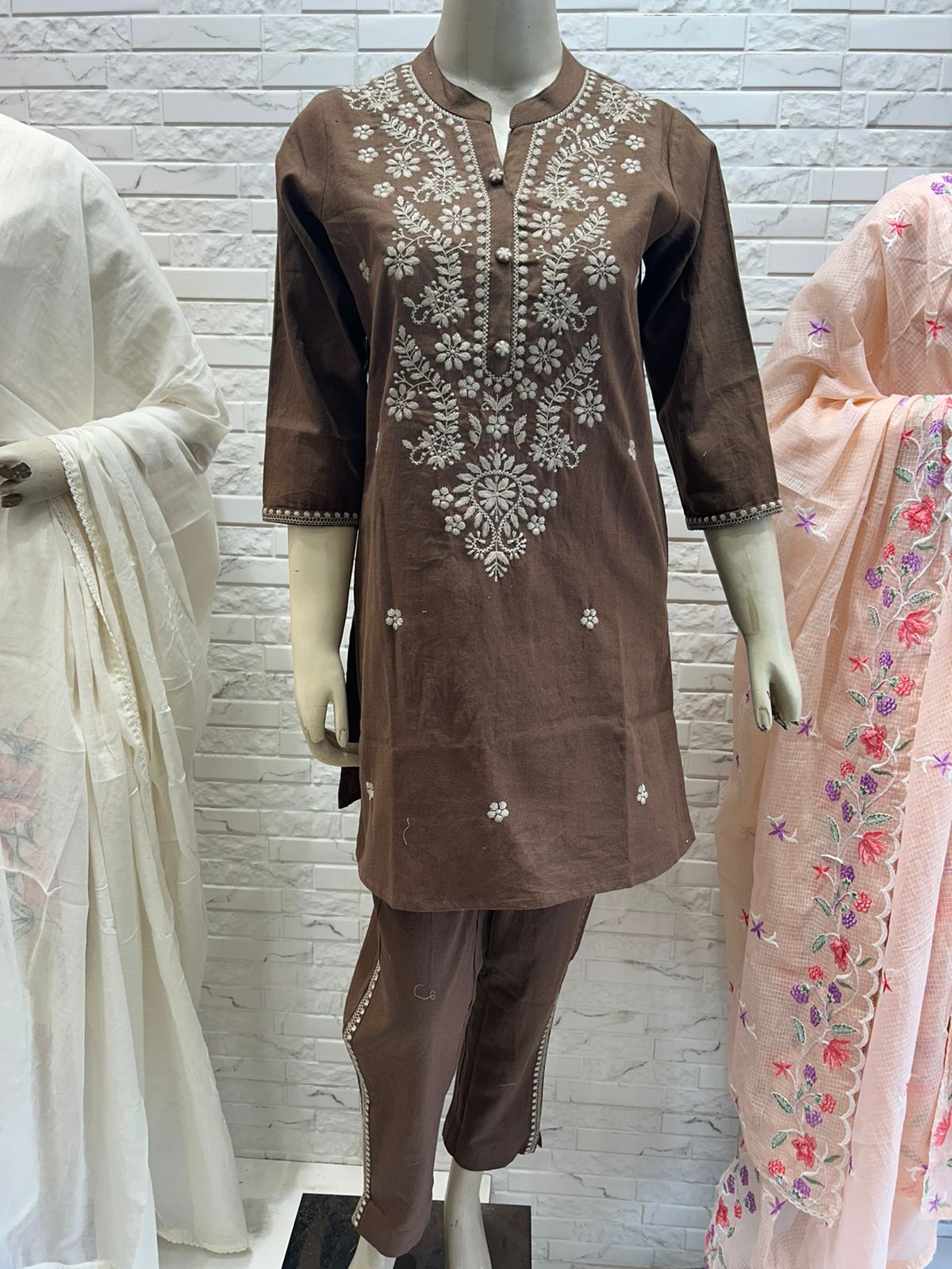 Brown pure cotton linen with chikankari embroidered two piece cordset (P502)