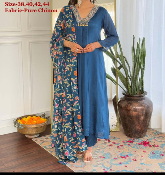 Blue pure chinnon with mul lining three piece set (A123)