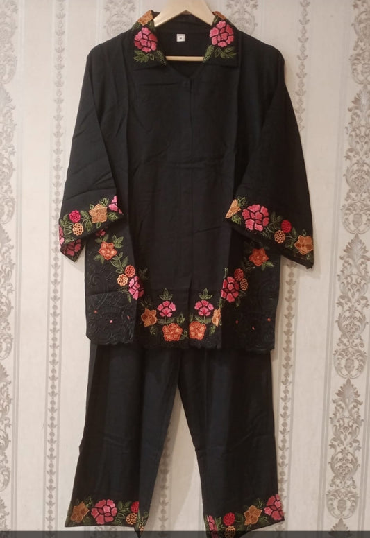 Black cotton modal fully embroidered two piece cordset (P2167)