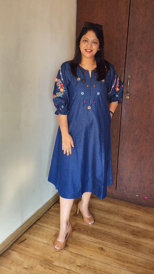 Denim dress with pocket fully embroidered one piece dress (A1946) (length 47 inch)