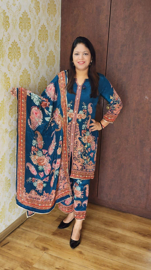 Peacock blue natural crape three piece set (A897)