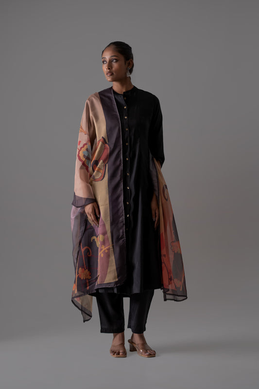 Black pure Muslin A line with digital print dupatta three piece set (A638)