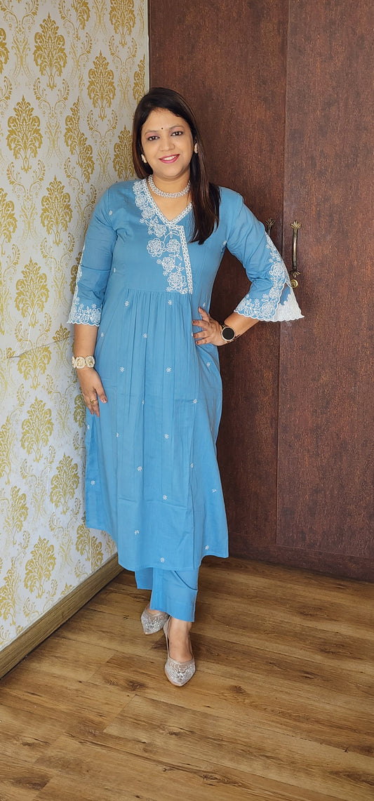 Powder blue pure cotton with lining two piece set (P187)