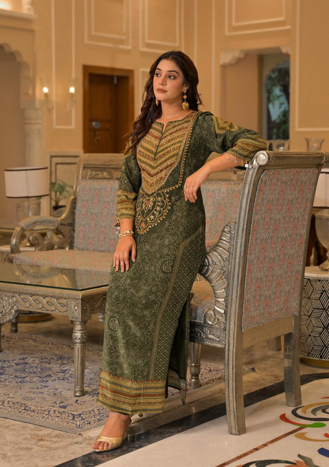 Natural crape with lining pakistani pattern two piece cordset length 54 inch (S306)