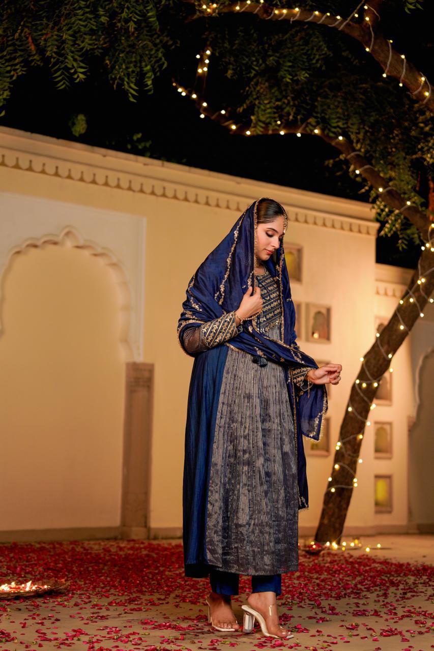 Blue pure mul chanderi with tissue designer three piece set (A1292)