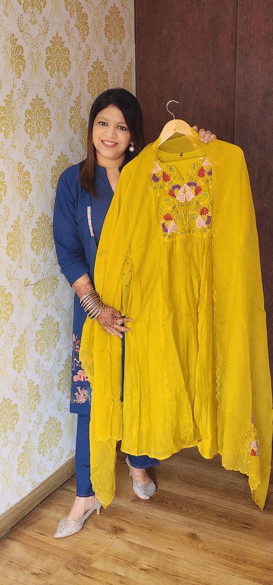 Yellow chanderi with full thread work with organza duppatta   (P1202)