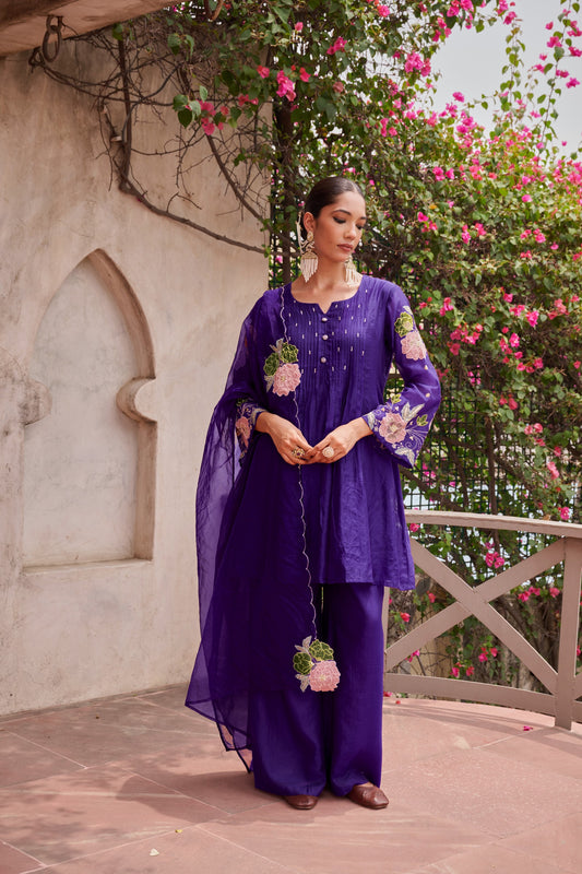 Purple 💜 mul chanderi with applique work three piece set (A903)