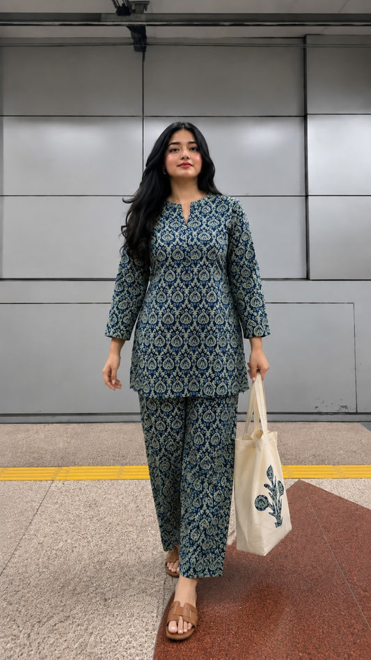 Pure cotton ajrakh print with applique work tote bag smart two piece cordset (S123)