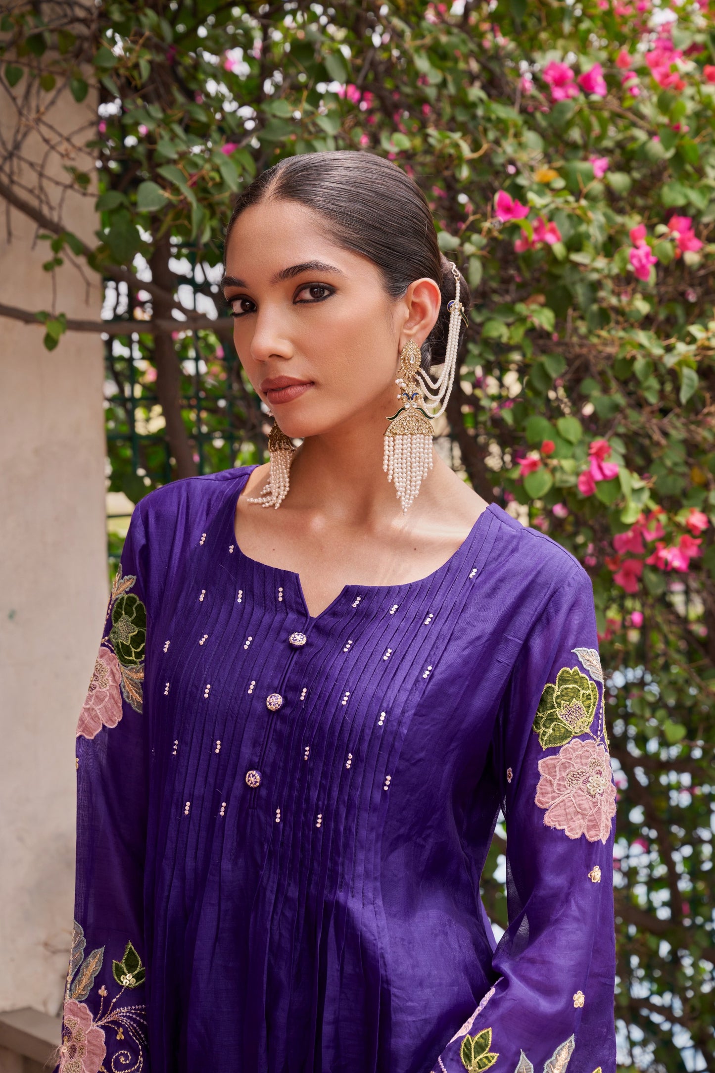 Purple 💜 mul chanderi with applique work three piece set (A903)