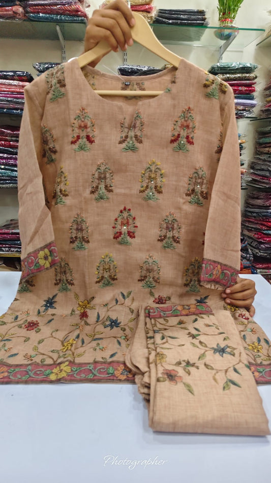 Light peach pitten work pure linen with lining two piece cordset (A764)