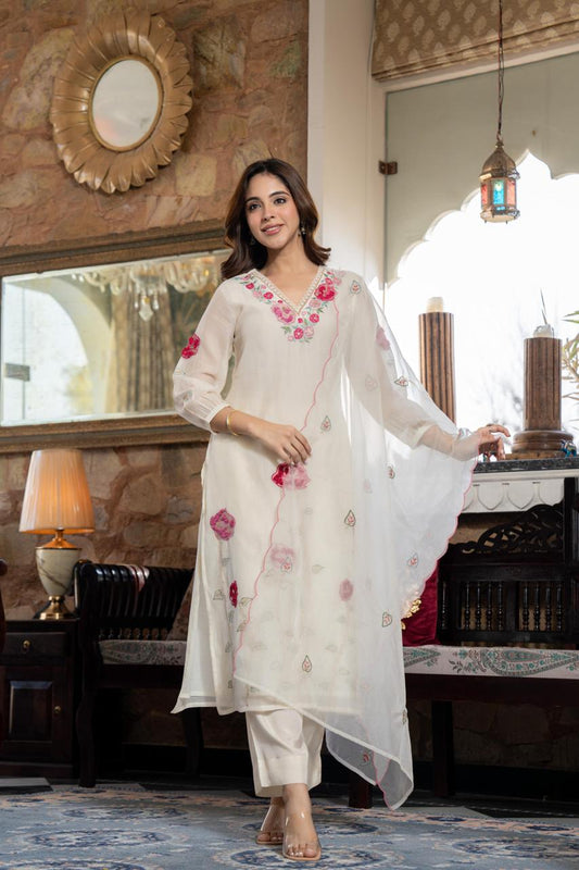 White pure mul chanderi with full hand work designer three piece set (P1803)