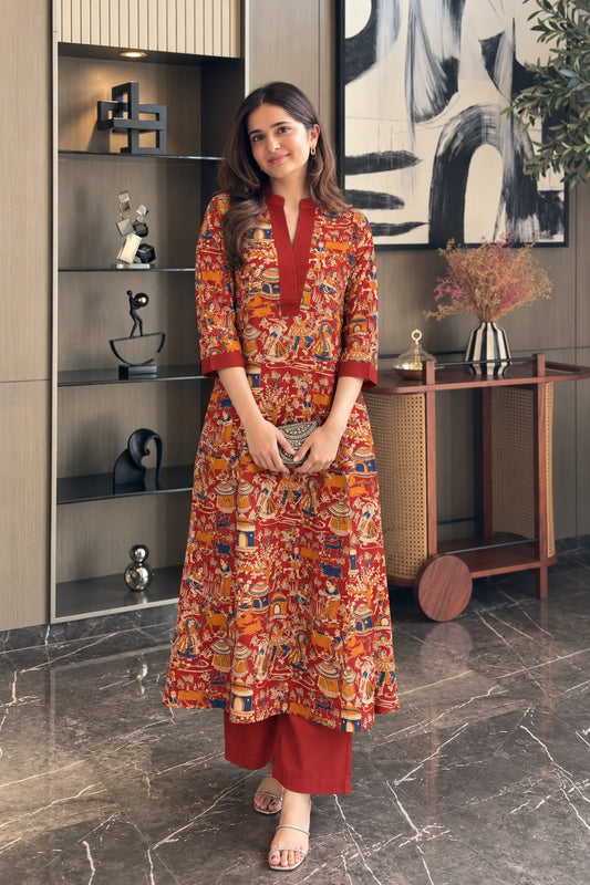 Pure cotton Kalamkari print a line smart two piece cordset (S364)