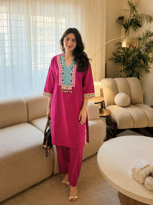 Kashmiri embroidered cotton flex smart two piece cordset (B812)