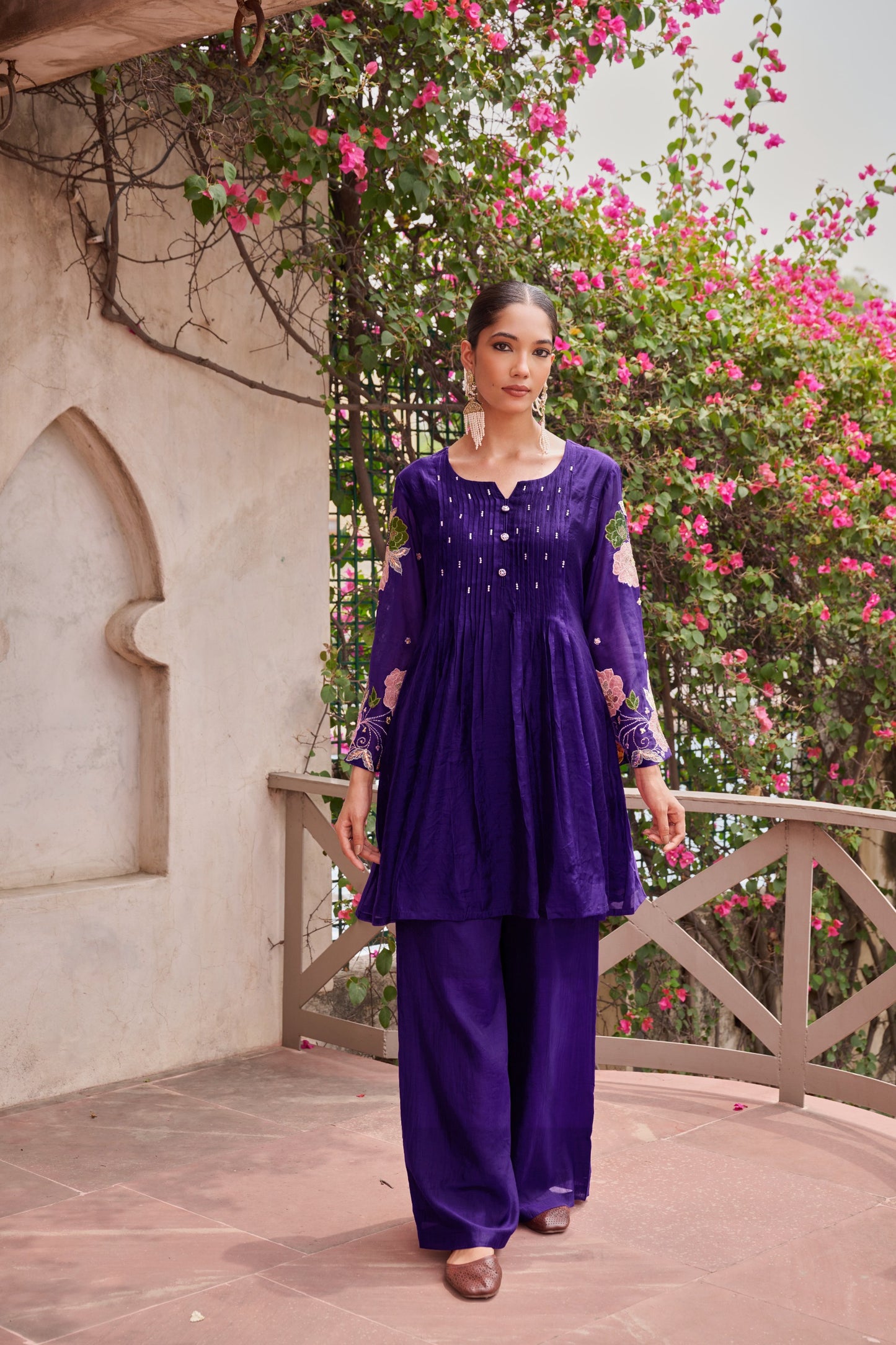 Purple 💜 mul chanderi with applique work three piece set (A903)