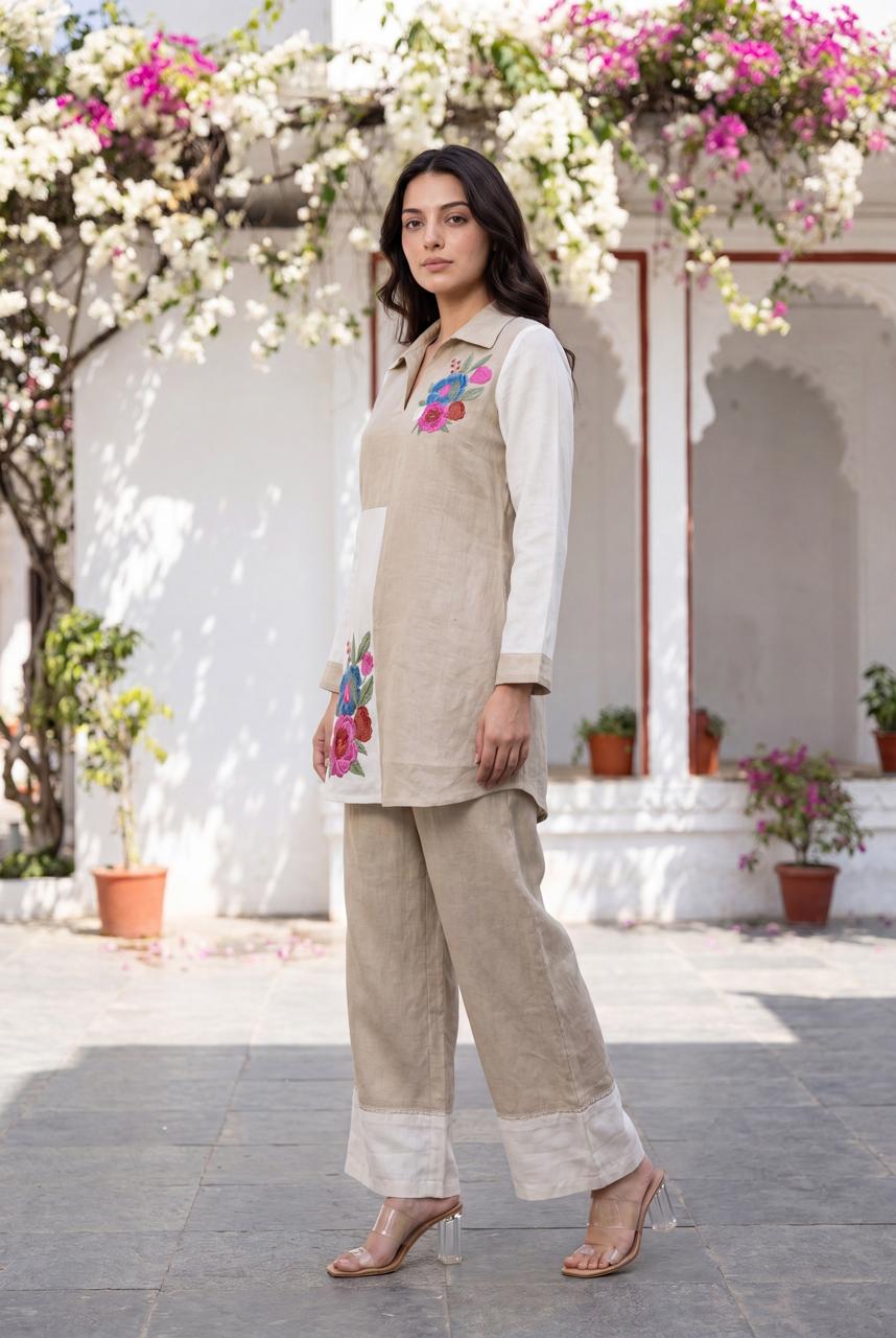 Cotton linen with lining crochet flower very elegant two piece cordset (S152)