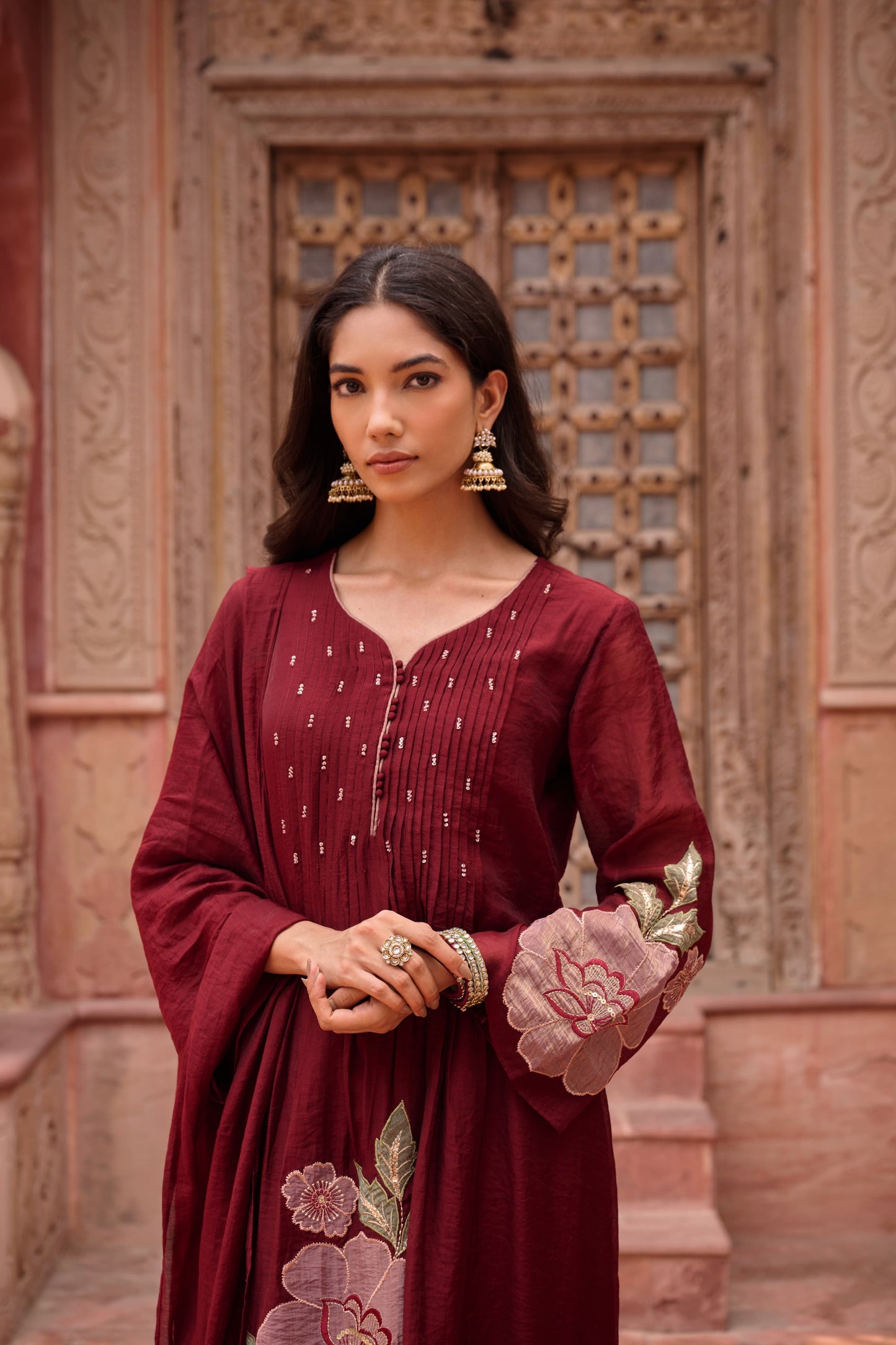 Mahroon mul chanderi applique work three piece set (A1009)