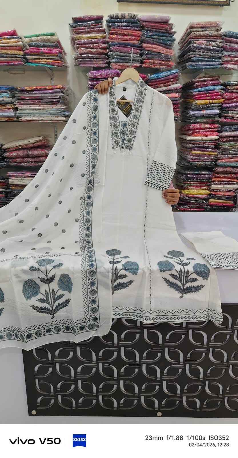 Pure mul cotton block print A line three piece set (A1811)