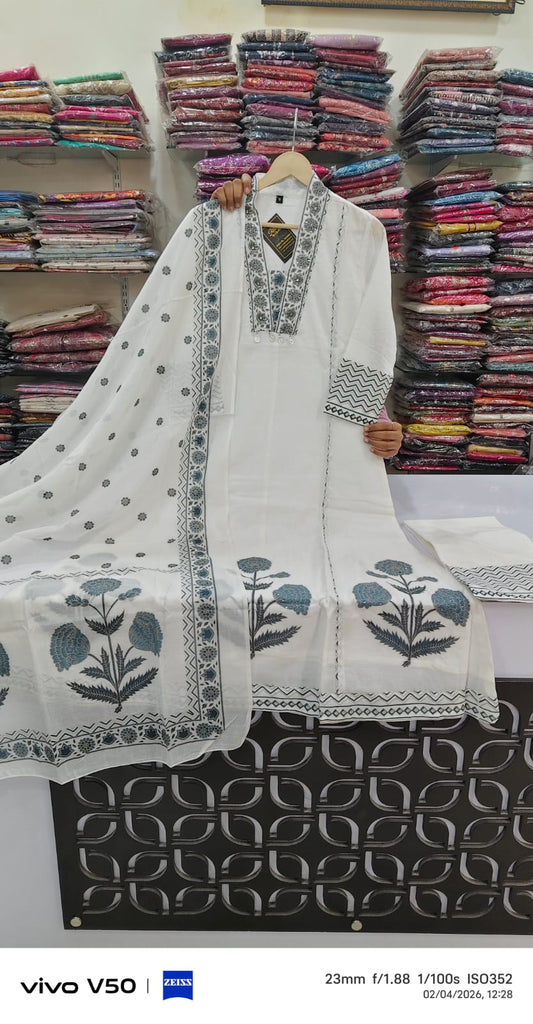Pure mul cotton block print A line three piece set (A1811)