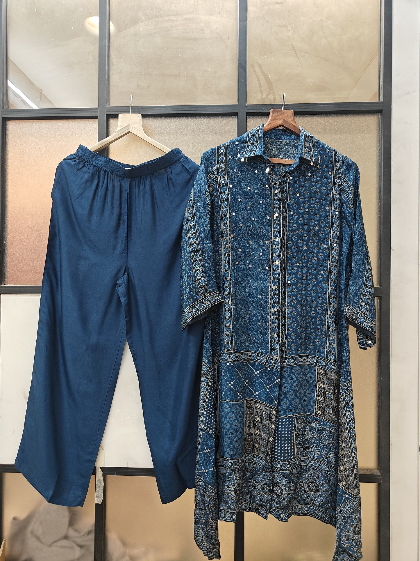 Blue pure crape Ajrakh print loose pattern fit upto 46 size (B247)