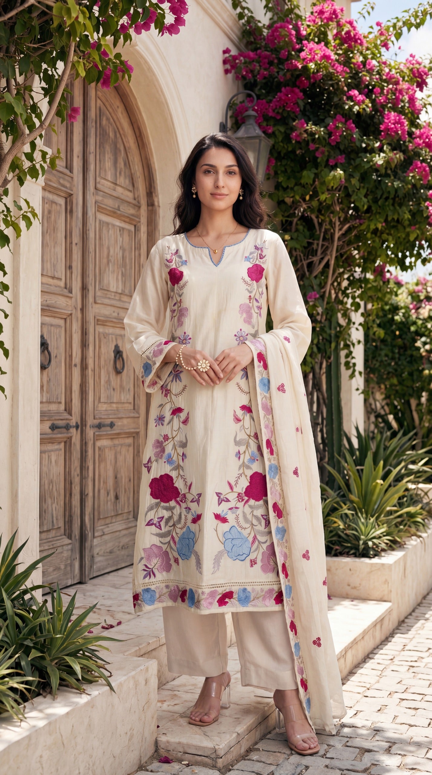 Soft crush chanderi full thread work three piece set (B781)