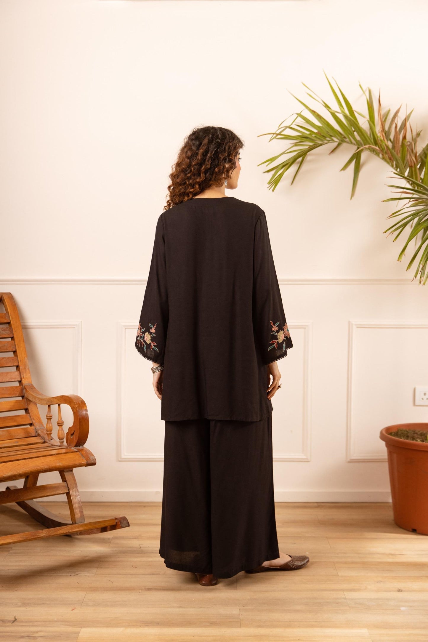 Black cotton modal fully embroidered two piece cordset (B157)