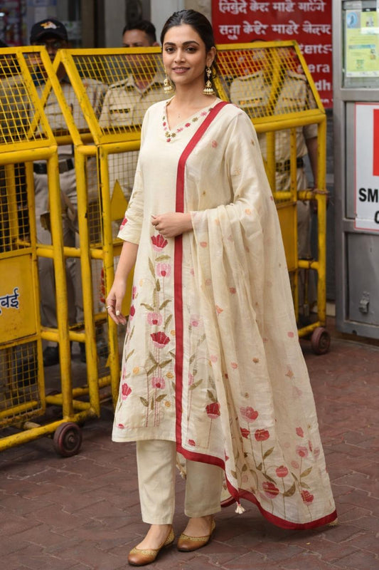 Pure linen with full thread work and linen dupatta three piece set (A1623)