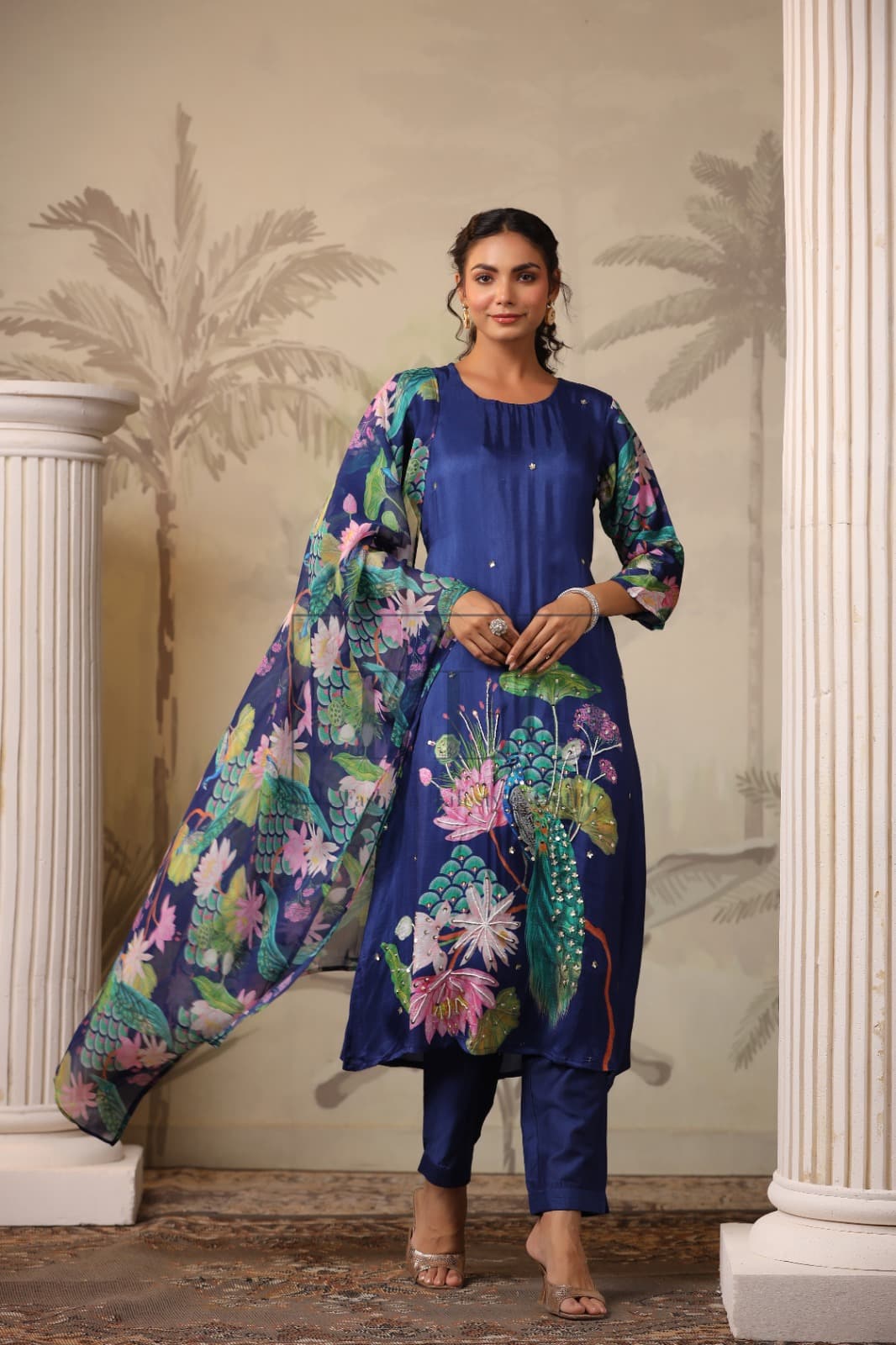 Royal blue pure raw silk designer three piece set (P1574)